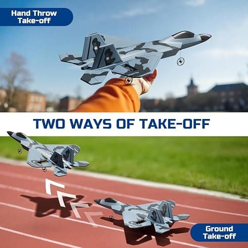 TOIBUS RC Plane, Remote Control Airplane, Drone for Kids and Beginners F-22 Glider Fighter Jet, Ready to Fly 2CH 2.4GHz Flying Toys with LED Lights, 2 Takeoff Modes, Auto Balance, 2 Batteries thumbnail 2