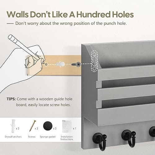 FifthQuarter Key and Mail Holder for Wall, Mail Organizer Wall Mount with 6 Hooks and Storage Drawer, Easy Installation Key Rack for Entryway and Home Decor (A-Grey) thumbnail 7
