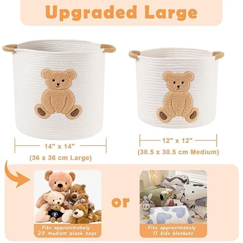 Large Blanket Baskets for Living Room, Teddy Bear Baskets Toy Storage Basket, 14" x 14" Woven Cotton Rope Basket for Kids, Toys Organizer Clothes Hamper with Embroidery, Teddy Bear Nursery Decor thumbnail 3