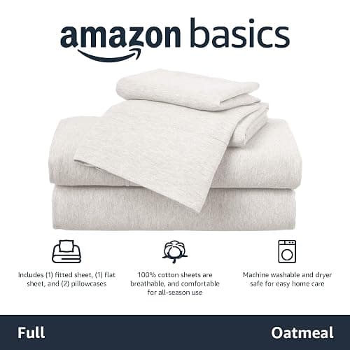 Amazon Basics 4 Piece Bed Sheets Set, 100% Cotton Jersey, Includes Super Soft, Flat and Fitted Sheets, Pillowcase, Full, Oatmeal, Solid thumbnail 3