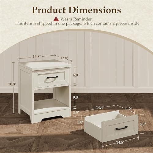 AODK Farmhouse Nightstand Set of 2, Drawer and Open Shelf, Rustic White | Compact Bedside Tables, Drawer Storage, Rustic White Finish for Bedrooms, Dorms, Apartments and Guest Rooms thumbnail 3