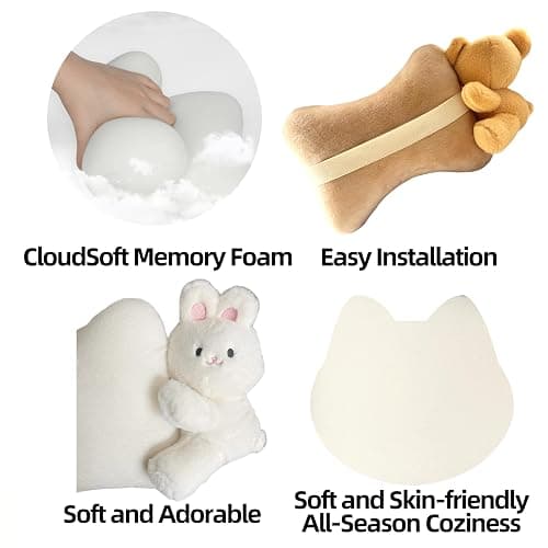 UINSUE Car Headrest Pillow 2PCS Plush Bear ＆ Bunny Car Seat Headrest Pillow - Memory Foam Neck Support Cushions for Comfortable Driving, Easy Install & Washable (White Rabbit) thumbnail 6
