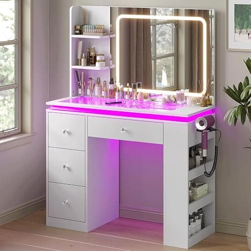HuaYing White Vanity Desk with Illuminated Mirror & Power Outlet, Bedroom Dresser LED Mirror Stepless Dimmable & 3 Color Modes Adjustable RGB Drawers, for Women Girls Bedroom(Pure White - Image 1