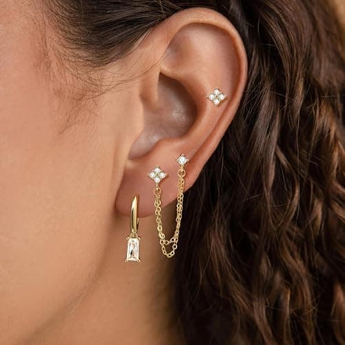 Gold Chain Stud Earrings for Women Trendy Minimalist 14K Gold Small Huggie Hoop Birthstone Earring Sets for Multiple Piercing Hypoallergenic Earring Stacks thumbnail 7