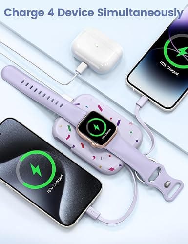RORRY Portable Charger, 5000mAh Portable Charger Power Bank with Built-in Cables, Travel Keychain Battery Pack for Apple Watch Ultra/11/10/9/8/7/6/SE, iPhone Air/17/16/15/14/13/12, Confetti-Purple thumbnail 4