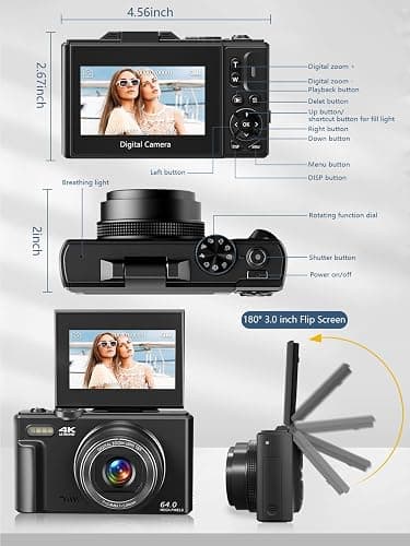 Digital Camera for Photography, 4K Vlogging Camera for YouTube 3" 180° Flip Screen 18X Digital Zoom Compact Retro Cameras with 32GB TF Card & 2 Batteries, Black thumbnail 7