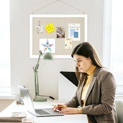 AMUSIGHT 2-Pack Double-Sided Cork Board with Linen, 16" x 12" Hanging Wood Framed Bulletin Board, Picture Display Vision Board Kit Corkboards for Wall School Office Decor, 20 Pushpins (Vintage White) thumbnail 8