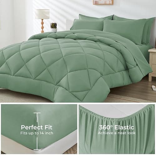 HEVUMYI Light Green Queen Comforter Set - 7-Piece All Season Bed in a Bag Queen, Ultra Soft Bedding Set with Comforter, Flat Sheet, Fitted Sheet, Pillowcases, Pillow Shams - Light Green - Queen thumbnail 3