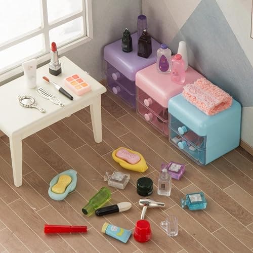 72Pcs Dollhouse Mini Jewelry Storage Case Handbag Towel Cosmetic Set Bathroom Acessories Toothbrush Shampoo Perfume Hair Dryer Comb Purse Decor DIY Doll Backpack Girl Micro Scene thumbnail 4