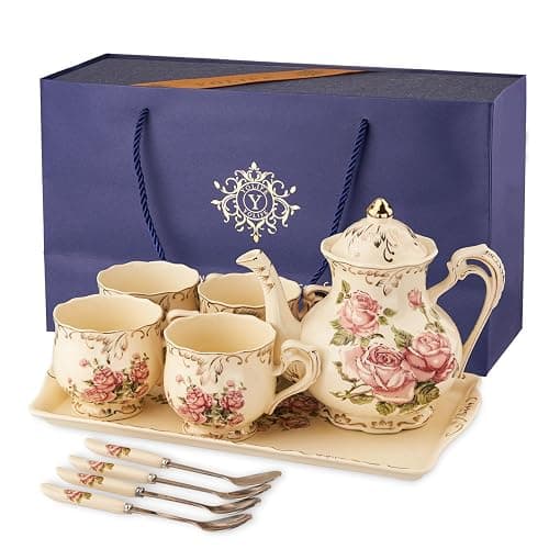 YOLIFE Porcelain Tea Set Vintage Rose, Tea Cups with Teapot, Serving Tray and Teaspoon Service for 4, Suitable for Tea Party Gifts thumbnail 9