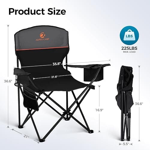 ALPHA CAMP Camping Chair 2 Pack Portable Chair with 3-Can Cooler Folding Chair with Side Pocket and Cup Holder, Collapsible for Camping, Tailgates, Beach, Fishing and Sports,2PC thumbnail 3
