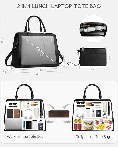 Lunch Tote Bag for Women 2 in 1 Laptop Work Bag with Lunch Insulated Compartment and Purse Combo Waterproof PU Leather 15.6 Inch Computer Crossbody and Shoulder Bag for Daily, Office, Picnic. Black thumbnail 2