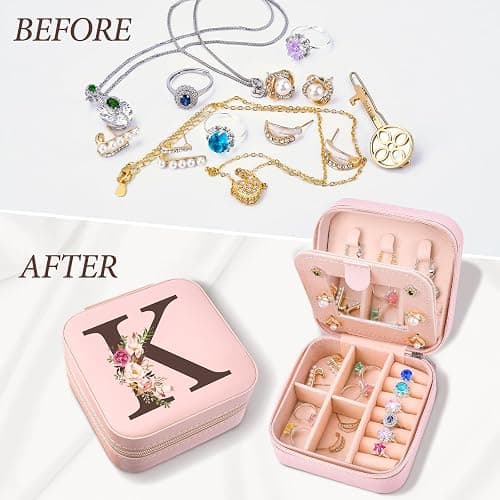 Christmas Gifts for Mom from Daughter Son, Personalized Birthday Giftware for Women, Mother Day Mom Gifts Small Travel Jewelry Box Travel Jewelry Organizer with Mirror, Initial K thumbnail 6