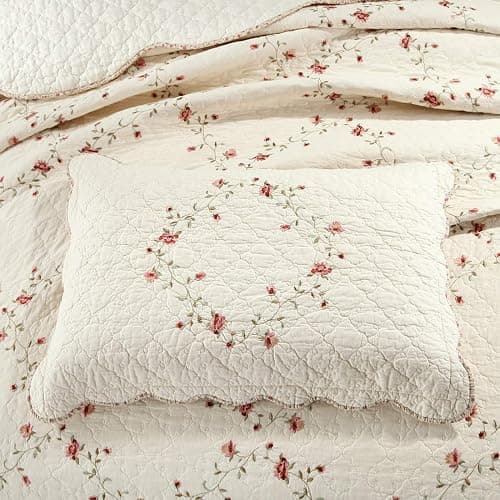 vctops 3-Piece Floral Embroidered Bedspread Coverlet Set Twin Size 100% Cotton Reversible Patchwork 1 Quilt and 2 Pillow Shams (Flower,Twin) thumbnail 5