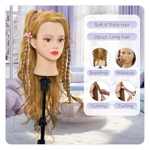 Mannequin Head with 80% Real Human Hair - 28 Inch Makeup Cosmetology Manikin Doll Head for Hair Styling, Training Practice Braiding Mannequin Head with False Eyelashes Hair Styling Set thumbnail 2
