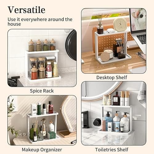 PEKER Bamboo Bathroom Organizer Countertop – Small Vanity Storage Shelf for Makeup, Perfume, Skincare – Natural Cosmetics Display Rack for Dresser, Sink, Kitchen –White thumbnail 8