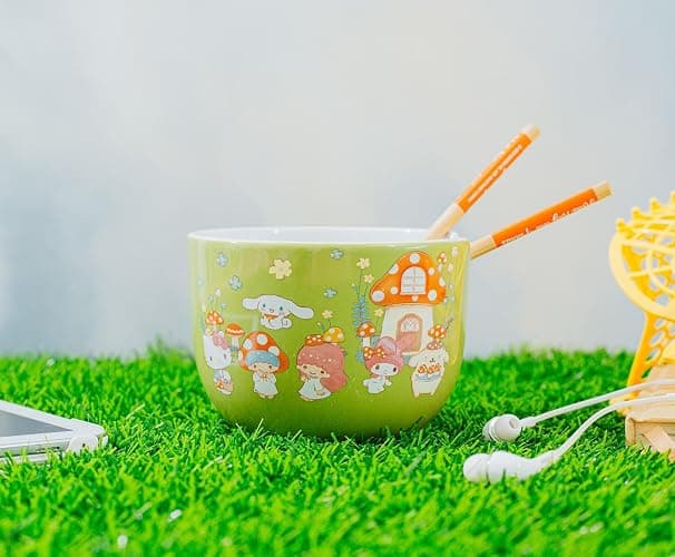 Silver Buffalo Sanrio Hello Kitty and Friends Mushroom Crew Ceramic Dinnerware Set | Includes 20-Ounce Ramen Noodle Bowl and Wooden Chopsticks | Asian Food Dish Set For Home & Kitchen thumbnail 2