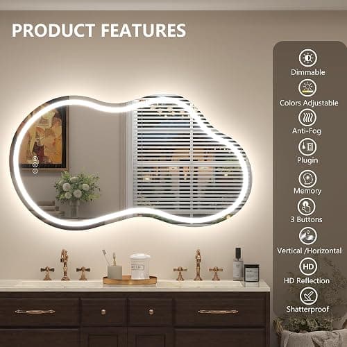 CHARMOR 60x32 Inch Irregular Cloud LED Bathroom Mirror with Lights, Asymmetrical Lighted Vanity Mirror for Wall, Anti-Fog, Dimmable, Memory, 3 Colors (Horizontal/Vertical) thumbnail 2