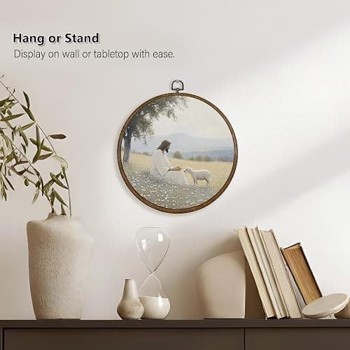 Qskjre Vintage Easter Christian Wall Art Decor, Religious Jesus Sheep Round Wood Framed Canvas Wall Artwork, Farmhouse Lamb Hanging Prints for Church Living Room Bedroom Decorations 10x10inch thumbnail 5
