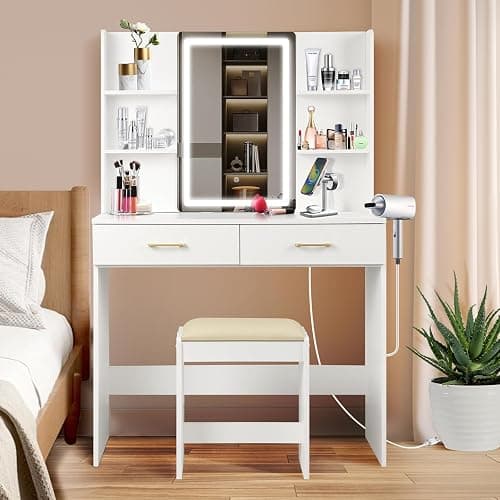 QUALIKRAFT White Vanity Set with LED Mirror & Stool, Makeup Desk with Built-in Power Outlet (2 AC & 2 USB), 2 Large Drawers & 6 Shelves, Lighted Dressing Table for Bedroom Organization - Image 1