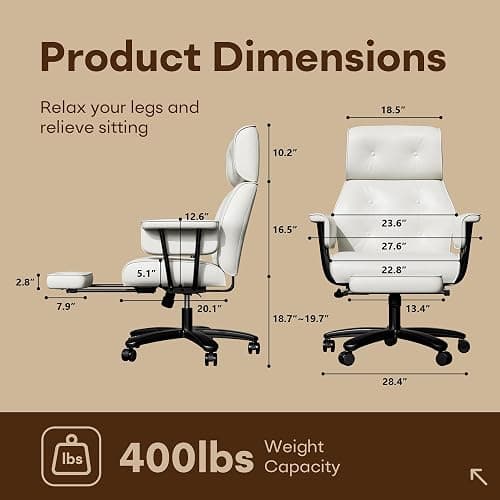 Reclining Office Chair with Footrest, Big and Tall Office Desk Chair 400lbs Wide Seat, Leather High Back Ergonomic Vintage Chair, Heavy Duty Executive Computer Chair, White thumbnail 2