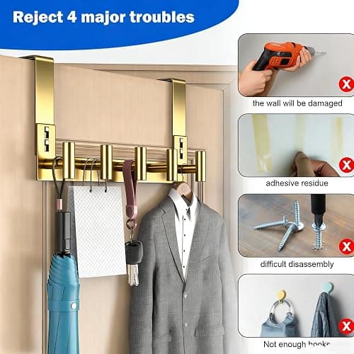 PMMASTO Over The Door Hooks, Fits 1-3/4" Thick Door No Drill Hooks for Closet Bathroom Bedroom Organization, Hanger for Coat Towel Robe (Gold, 5 T-Hooks) thumbnail 4