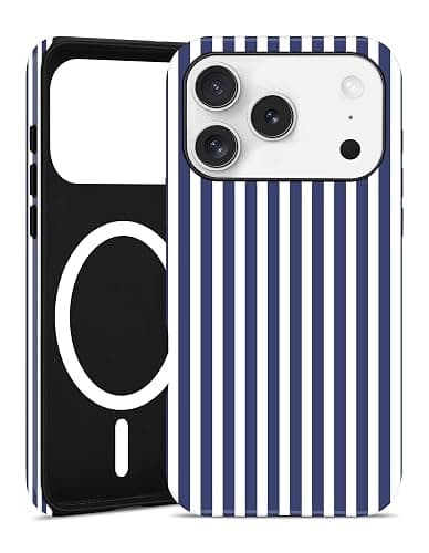Jusy Compatible with MagSafe Striped Case for iPhone 17 Pro, Cute Aesthetic Striped Magnetic Phone Case, Soft TPU and Hard PC Protective Phone Cover for Women Girls（Matte） - Navy Blue - Image 1