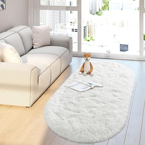 Soft Fluffy Area Rug for Bedroom, Cream White Fuzzy Shaggy Oval Throw Rugs for Bedside, Non-Slip Cozy Plush Shag Carpet for Kids Room Nursery Dorm Living Room, 2.6 x 5.3 Feet thumbnail 9
