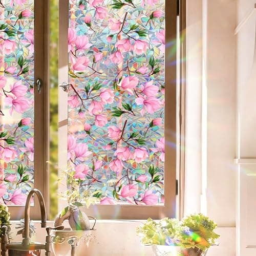 Fenster-Sichtschutzfolie, Regenbogen-Magnolien-Blume, Sonnenblockierung, 3D-Dekor, PVC, Buntglas-Fensteraufkleber, nicht klebend, statisch haftend für Zuhause, Büro, 42 x 100 cm thumbnail 4