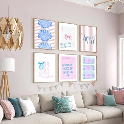 Qenundme 6pcs Coastal Coquette Wall Art Trendy Blue Pink Preppy Wall Decor Coastal Cowgirl Prints Ocean Pictures Beachy Aesthetic Painting Girl Dorm Room College Apartment 8x10 Inch Unframed thumbnail 2