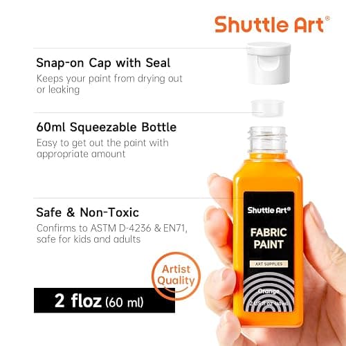 Shuttle Art Textilfarbe waschmaschinenfest, 18 waschfeste Stoffmalfarben (je 60ml) in Flaschen mit Pinseln, Vorlagen, wasserfeste Stofffarben für Kinder auf T-Shirt, Schuhe, Jeans, Tasche, Kleidung thumbnail 4