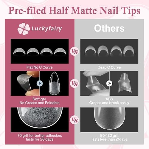 Luckyfairy Medium Almond Nail Tips, 240pcs Soft Gel Pre-Filed Acrylic Almond Fake Nails, Half Matte Full Cover Clear Press on Flase Nail Tips for Nail Extension Home DIY 12 Sizes Gelly Tips - B-Medium Almond thumbnail 6