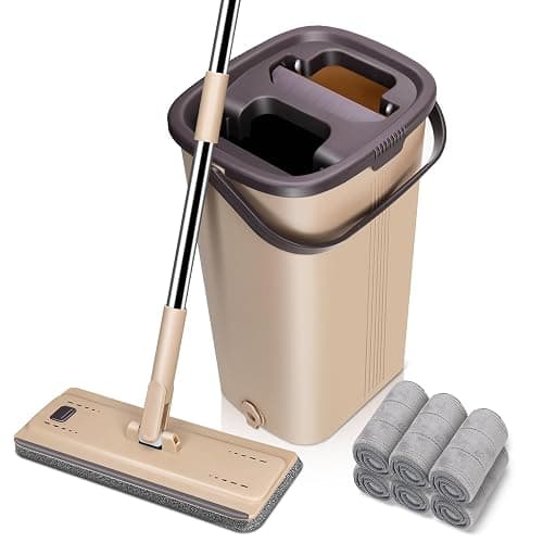 MASTERTOP Mocio Lavapavimenti e Secchio Strizzatore, Mocio Piatto Rotante a 360° e Secchio Autolavaggio, Mop a Mani Libere in Microfibra , con 6 Tamponi Riutilizzabili (Beige) - Image 1