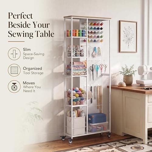 Craft Storage Cart with Dual-Sided Pegboard,5-Tier Shelves Craft Room Storage and Organization,Craft cart Lockable Wheels, Rolling Organizer for Craft Room, Art Supplies,Small Spaces (White, 68.7" H) thumbnail 3