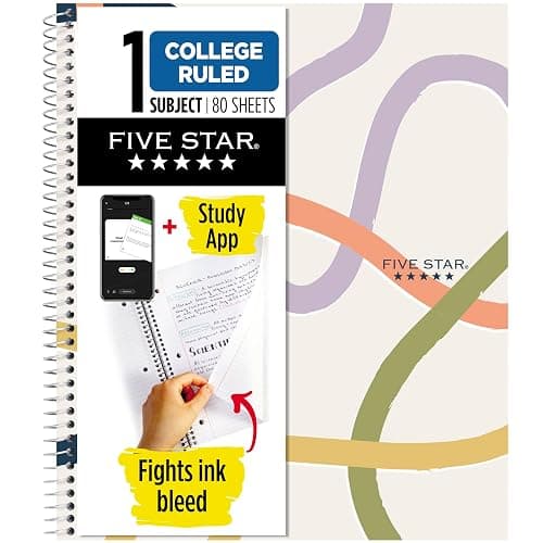 Five Star Spiral Notebook + Study App, 1 Subject, College Ruled, 8-1/2" x 11", 80 Sheets, Fights Ink Bleed, Water Resistant Covers, Organic Lines (820233F) - Image 1