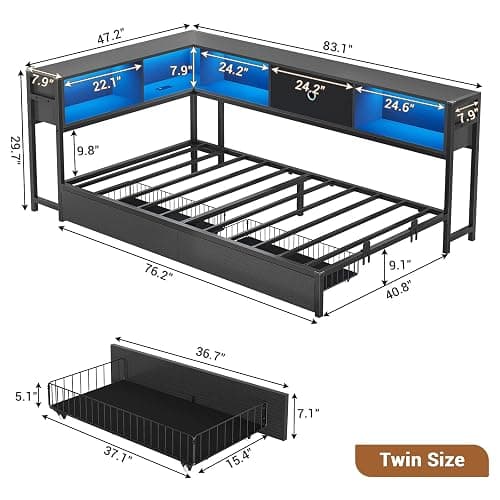 Hasuit Twin Corner Bed Frame with Storage Drawers and Bookcase Headboard, Twin Size Metal Platform Corner Bed Frame with Charging Station and LED Lights, Twin Daybed for Kids Teens Guests, Black thumbnail 3