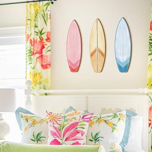 RattanView 3 Pieces Surfboard Decor for Bedroom Wooden Beach Wall Decor Summer Wood Surfboard Wall Hanging Sign for Tropical Living Room Decoration(Watercolor, Yellow, Blue, Pink) thumbnail 4