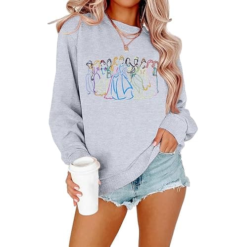 BANGELY Fantastical Sweatshirt Women Cute Embroidered Fantastical Princess Sweater Family Vacation Shirt Long Sleeve Top - Image 1