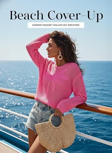 Dokotoo Womens Fashion 2026 Summer Crochet Hollow Out Long Sleeve Sweaters Casual Crewneck Pullover Shirt Beach Coverup thumbnail 4