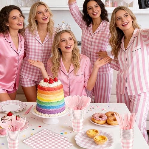 168Pcs Pink Gingham Plates and Napkins Party Supplies, Scalloped Checkered Disposable Paper Plates Set with Napkins Cups Plastic Cutlery for Birthday Wedding Baby Shower Spring Party Supplies thumbnail 5