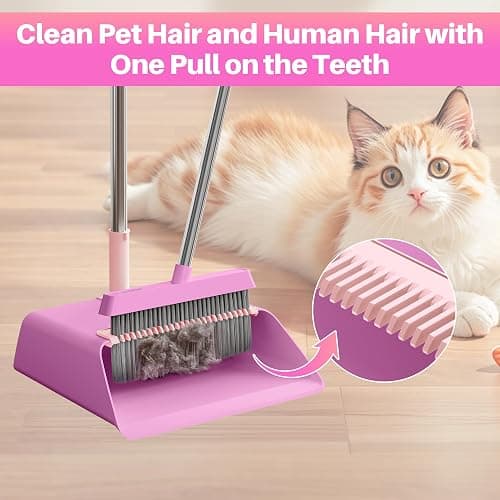 JOYMOOP Pink Broom with Dustpan Combo Set, Upright Stand Up Broom with Built-in Comb Teeth, Angle Broom for Home Kitchen Office Lobby, Pet Hair and Hardwood Floor Sweeping thumbnail 6