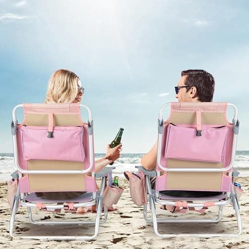 Giantex Folding Beach Chair, Patio Sling Chairs with 5 Adjustable Position, Head Pillow, Storage Bag, Towel Bar, Cup Holders, Backpack Chairs for Sunbathing, Camping Chair thumbnail 2
