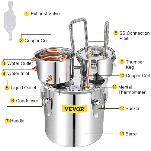 VEVOR Alcohol Still 13GAL/50L, Alcohol Distiller with Thumper Keg, Distillery Kit for Alcohol with Copper Tube & Build-in Thermometer & Water Pump thumbnail 10