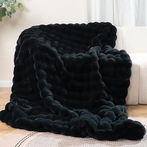 Super Comfort Oversized Warm Thick Bubble Luxury Plush Rabbit Faux Fur Throw Blanket, Fluffy Blanket,Soft Cozy Blanket for Couch Chair Bed Sofa Living Room (Black, 50inX60in) - Image 1