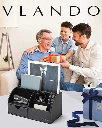 Vlando Desk Organiser with Drawer, Leather Office Stationery Desk Organiser, Multifunctional Desk Pen Organiser, Remote Control Holder, Black thumbnail 8