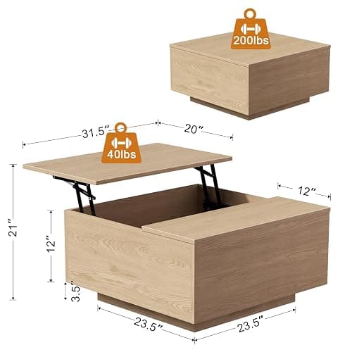 FABATO Lift Top Coffee Table, Wood Square Coffee Table with Storage, Farmhouse Coffee Tables with Hidden Storage Compartment, Center Table with Lifting Tabletop for Living Room, Home Office, Natural thumbnail 2
