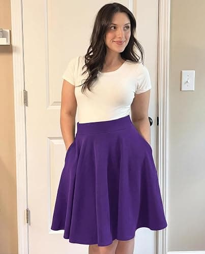 STELLE Women's 21" Knee Length Skirts with Pockets Casual Basic Midi Skirt Stretchy High Waisted Skater Flared Pleated thumbnail 2