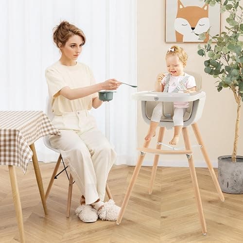 BABY JOY Convertible Baby High Chair, 3 in 1 Wooden Highchair/Booster/Chair with Removable Tray, Adjustable Legs, 5-Point Harness, PU Cushion and Footrest for Baby, Infants, Toddlers (Beige) thumbnail 9