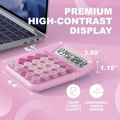 CATIGA Mechanical Switch Calculator, Pink Calculator with 12 Digit Large LCD Display & Big Buttons for Office Desk, Classroom Math, Back to School Supplies, Cute Aesthetic Desk Accessories thumbnail 2