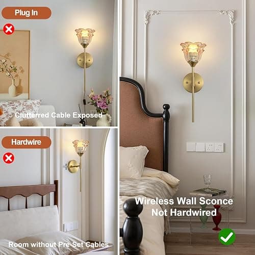 XIYOUVE 2 Pack Battery Operated Wall Sconce with Amber Glass Shades, Wireless Rechargeable RGB Wall Light with Remote Control, for Bedroom Mirror Living Room, ETL Listed thumbnail 2